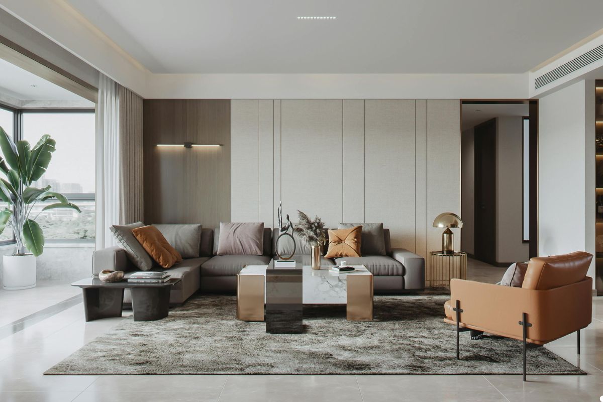 A modern living room featuring a large window that allows natural light to fill the space.